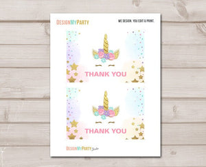 Unicorn Thank you Card Unicorn Birthday Thank You Note Unicorn Party Magical Rainbow Pink and Gold Girl Birthday 4x6" Instant Download 0041