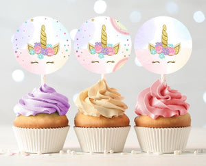 Unicorn Cupcake Toppers Favor Tags Birthday Party Decoration Magical Rainbow Girl Pink and Gold Instant Download Digital PRINTABLE 0041