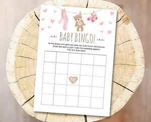 Teddy Bear Baby Shower Bingo Game Cards Teddy Pink Hearts Shower Game Shower Activity Printable Digital Game Instant Download 0025