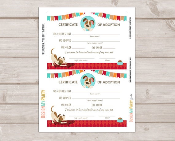 Pet Adoption Certificate Puppy Adoption Dog Birthday Pawty Puppy Party Vet Birthday Boy Puppy Decor Instant Download Digital PRINTABLE 0048