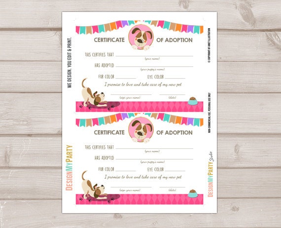 Pet Adoption Certificate Puppy Adoption Dog Birthday Pawty Puppy Party Vet Birthday Girl Puppy Decor Instant Download Digital PRINTABLE 0048