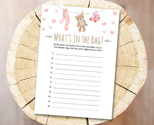 Teddy Bear Baby Shower What's in the Bag Diaper Bag Guessing Printable Digital File Printable Baby Game Shower Activities DIY 0025