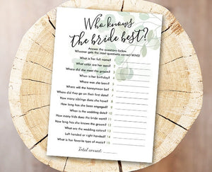 Who knows Bride Best Bridal Shower Game Wedding Shower Activity Eucalyptus Bachelorette Party Game Foliage Greenery Download PRINTABLE 0029