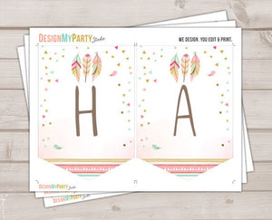 Happy Birthday Banner Wild One Birthday Banner Wild and Three Feathers Boho Tribal Birthday Pink Instant download PRINTABLE DIGITAL 0073