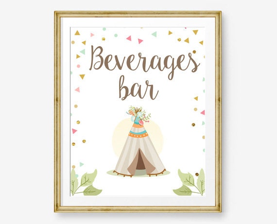 Beverages Sign Table Decor Wild One Birthday Sign Drinks Bar Sign Tribal Birthday Tribal Party Teepee Pink and Gold PRINTABLE 0092