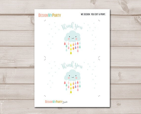 Baby Shower Thank you Card Cloud Thank You Note 4x6" Rain Cloud Raindrop Showered with Love Sprinkle Gender Neutral Instant Download 0036
