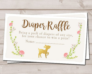 Little Deer Baby shower Diaper raffle card Deer Pink and Gold Girl Baby shower game Baby Sprinkle Woodland Diaper ticket PRINTABLE 0085