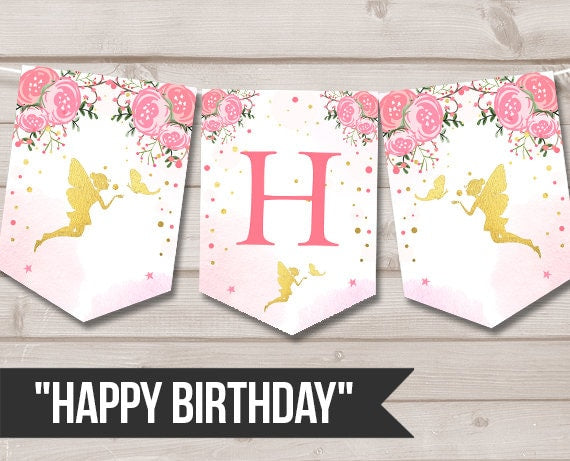 Fairy Birthday Banner Fairy Party Fairy Banner Pennant Banner Magical Garland Elves Pink gold Girl Butterfly Garden Digital PRINTABLE 0208