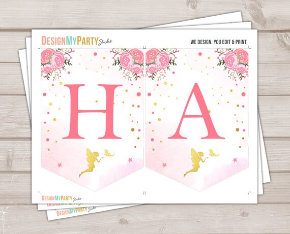 Fairy Birthday Banner Fairy Party Fairy Banner Pennant Banner Magical Garland Elves Pink gold Girl Butterfly Garden Digital PRINTABLE 0208