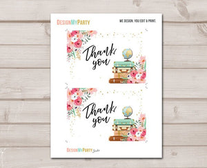 Travel Thank you Card Adventure Thank You Note 4x6" Miss to Mrs Bridal Shower Pink and Gold Flowers Globe Confetti Instant Download 0030