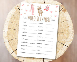 Teddy Bear Baby Shower Word Scramble Game Cards Baby Scattagories Pink Teddy Shower Activity Printable Instant Download DIY Game 0025