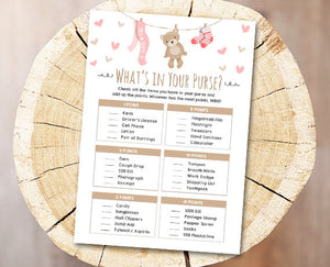 Teddy Bear Baby Shower Game What&#39;s in Your Purse Game Cards Instant Download Digital File Printable Baby Game Shower Activities DIY 0025