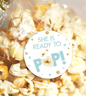 She’s Ready to pop stickers Ready to pop tags Popcorn tags Cupcake Toppers Blue Gold Boy Baby Shower Stickers Digital PRINTABLE 0211