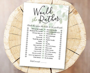 Would She Rather Bridal Shower Game Wedding Shower Activity Eucalyptus Bachelorette Party Game Foliage Greenery Boho Download PRINTABLE 0029