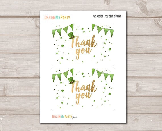 St Patricks Day Thank you Card St Patrick's Day Birthday Thank You Note Shamrock Green Gold Lucky One Birthday 4x6" Instant Download 0115