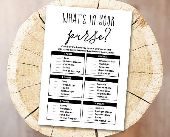 Baby shower game Whats in Your Purse Baby Shower Game Gender Neutral baby shower Elegant Simple Sprinkle Black and White PRINTABLE 0227