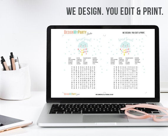Cloud Baby Shower Game Word Search Game Cards Instant Raindrops Rain Drops Neutral Printable Baby Game Shower Activities DIY Printable 0036