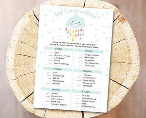 Cloud Baby Shower Game What's in Your Purse Game Cards Raindrops Rain Drops Neutral Download Printable Baby Game Shower Activities DIY 0036