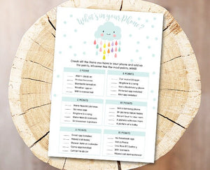 Cloud Baby Shower What's in Your Phone Game Cards Raindrops Rain Drops Baby Game Shower Activities Digital Download File DIY Printable 0036