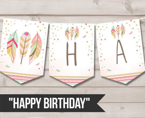 Happy Birthday Banner Wild One Birthday Banner Wild and Three Feathers Boho Tribal Birthday Pink Instant download PRINTABLE DIGITAL 0073