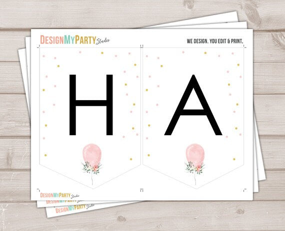 Happy Birthday Banner Pink Floral Balloon Birthday Banner Confetti Pink and Gold First Birthday Greenery download PRINTABLE DIGITAL 0221