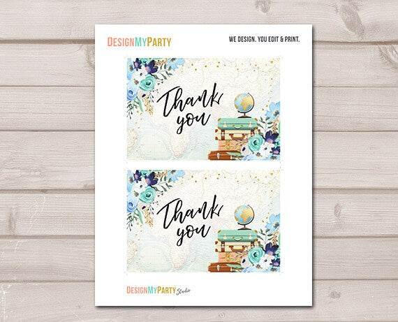 Travel Thank you Card Adventure Thank You Note 4x6&quot; Miss to Mrs Bridal Shower Blue and Gold Flowers Globe Confetti Instant Download 0030