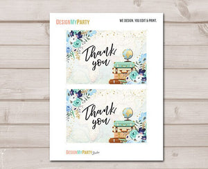Travel Thank you Card Adventure Thank You Note 4x6" Miss to Mrs Bridal Shower Blue and Gold Flowers Globe Confetti Instant Download 0030