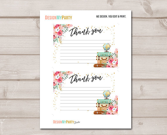 Travel Thank you Card Adventure Thank You Note 4x6&quot; Miss to Mrs Bridal Shower Pink and Gold Flowers Globe Confetti Instant Download 0030
