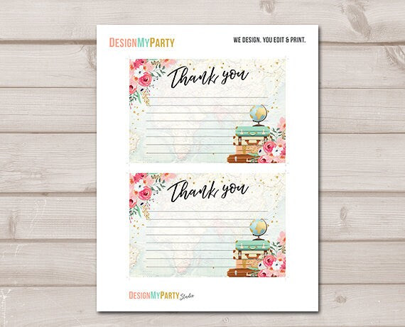 Travel Thank you Card Adventure Thank You Note 4x6" Miss to Mrs Bridal Shower Pink and Gold Flowers Globe Confetti Instant Download 0030