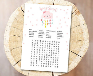 Cloud Baby Shower Game Word Search Game Cards Instant Raindrops Rain Drops Girl Printable Baby Game Shower Activities DIY Printable 0036
