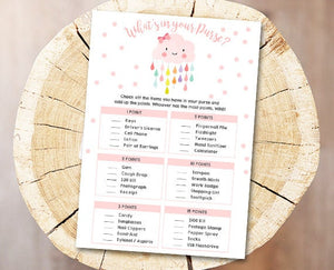 Cloud Baby Shower Whats in Your Purse Game Rain Drops Pink Sprinkle Shower Game Shower Activity Printable Digital Game Instant Download 0036