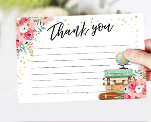 Travel Thank you Card Adventure Thank You Note 4x6" Miss to Mrs Bridal Shower Pink and Gold Flowers Globe Confetti Instant Download 0030