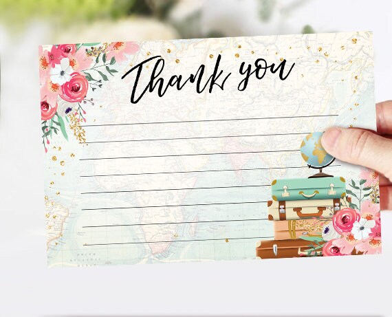 Travel Thank you Card Adventure Thank You Note 4x6" Miss to Mrs Bridal Shower Pink and Gold Flowers Globe Confetti Instant Download 0030