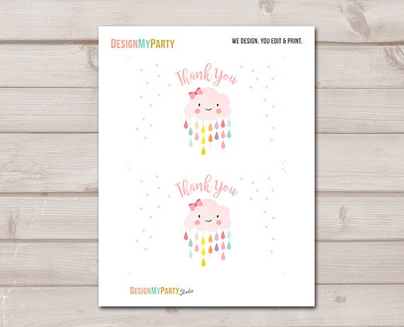 Baby Shower Thank you Card Cloud Thank You Note 4x6" Rain Cloud Raindrop Showered with Love Sprinkle Girl Pink Instant Download 0036