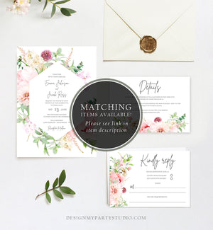 Editable Monogram Botanical Flowers Wedding Invitation Template Floral Greenery Spring Pink Peony Colors Digital Printable Corjl 0167