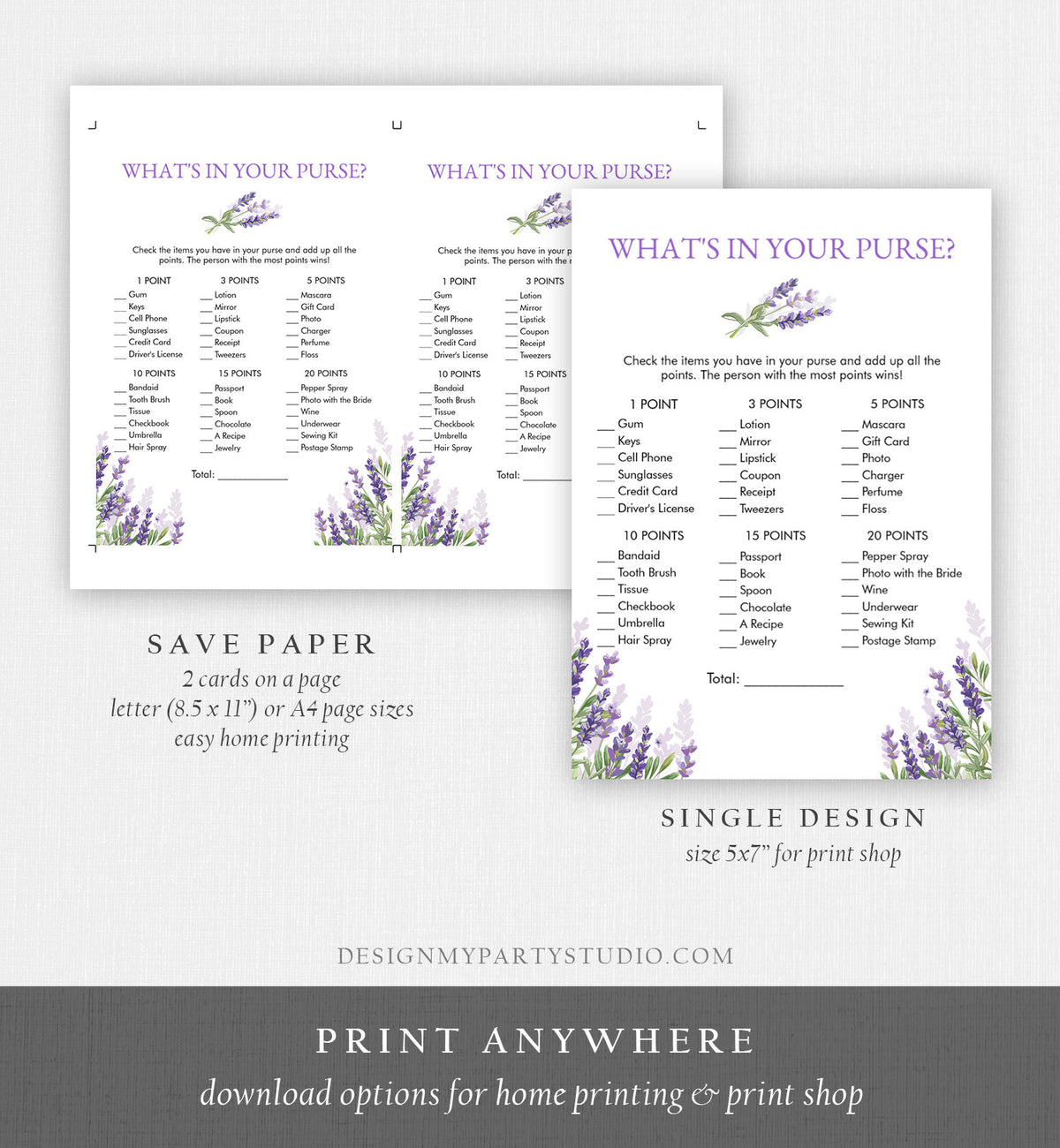 Lavender Bridal Shower What&#39;s in your Purse Printable Game Greenery Purple France Rustic Editable DIY Game Floral Download PRINTABLE 0206