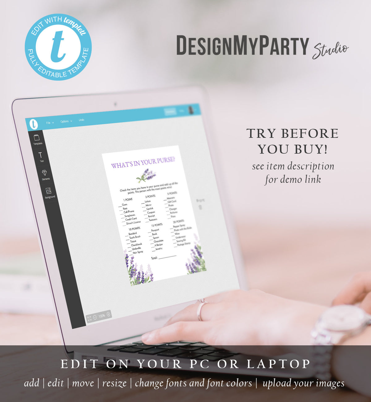 Lavender Bridal Shower What&#39;s in your Purse Printable Game Greenery Purple France Rustic Editable DIY Game Floral Download PRINTABLE 0206