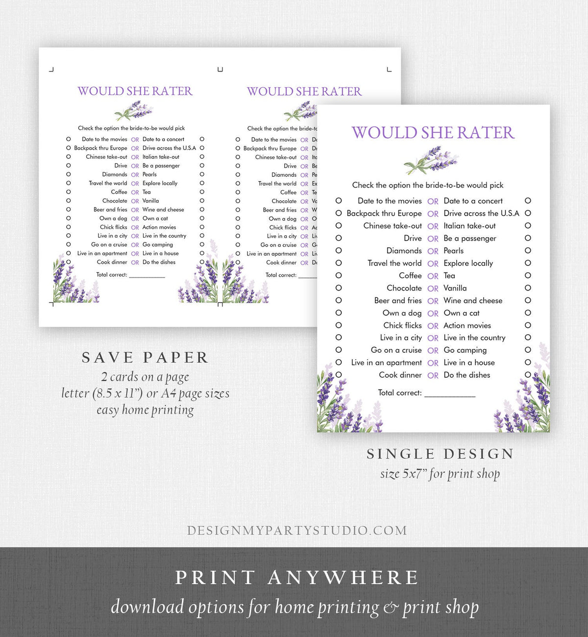 Would She Rather Bridal Shower Game Wedding Shower Activity Lavender Rustic France Country Game Editable Template Download PRINTABLE 0206