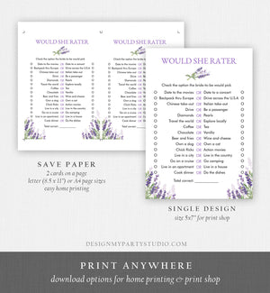 Would She Rather Bridal Shower Game Wedding Shower Activity Lavender Rustic France Country Game Editable Template Download PRINTABLE 0206