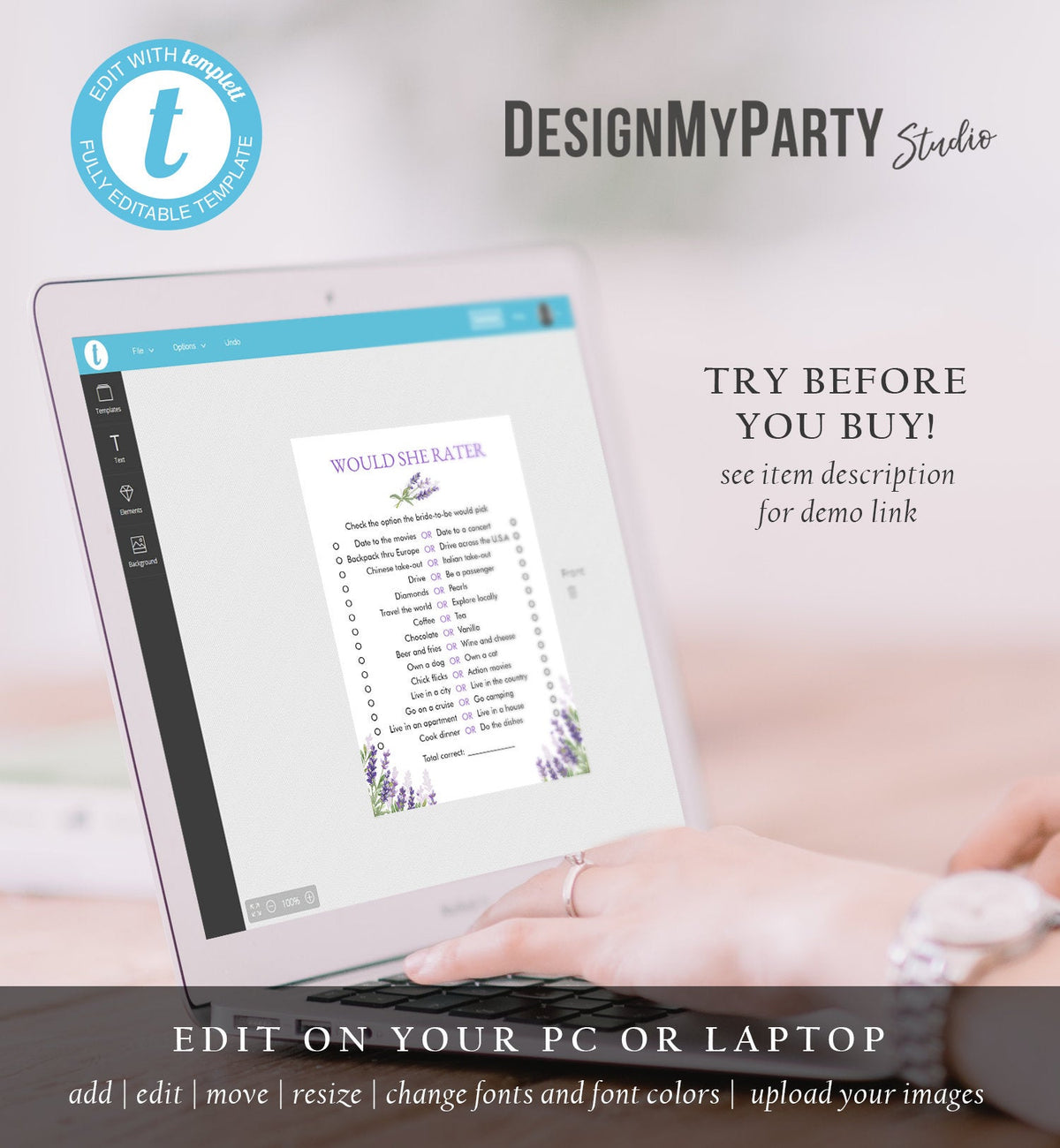 Would She Rather Bridal Shower Game Wedding Shower Activity Lavender Rustic France Country Game Editable Template Download PRINTABLE 0206