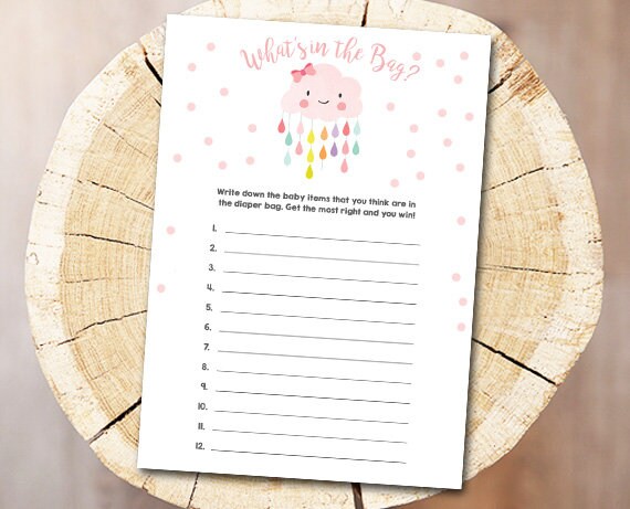 Cloud Baby Shower What's in the Bag Diaper Bag Guessing Raindrops Rain