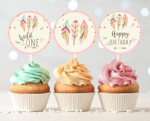 Wild One Cupcake Toppers Favor Tags Birthday Party Decor Stickers Pink Gold Feathers Tribal First Birthday download Digital PRINTABLE 0073