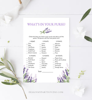 Lavender Bridal Shower What's in your Purse Printable Game Greenery Purple France Rustic Editable DIY Game Floral Download PRINTABLE 0206