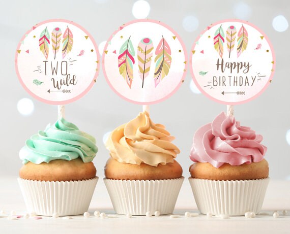 Two Wild Cupcake Toppers Favor Tags Birthday Party Decor Stickers Pink Gold Feathers Tribal 2nd Birthday download Digital PRINTABLE 0073