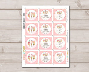 Two Wild Cupcake Toppers Favor Tags Birthday Party Decor Stickers Pink Gold Feathers Tribal 2nd Birthday download Digital PRINTABLE 0073