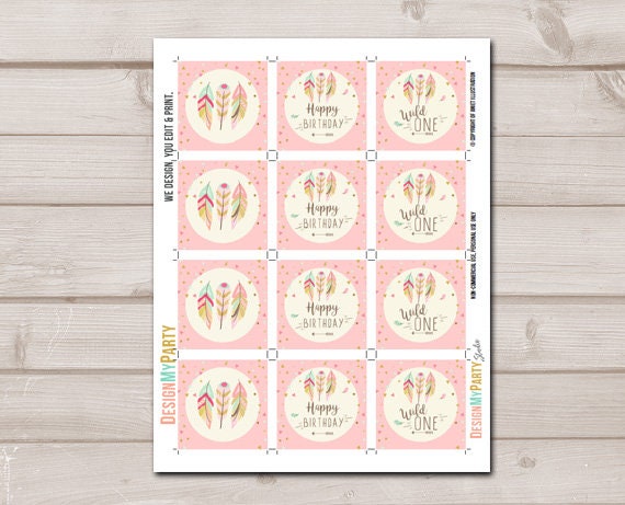 Wild One Cupcake Toppers Favor Tags Birthday Party Decor Stickers Pink Gold Feathers Tribal First Birthday download Digital PRINTABLE 0073