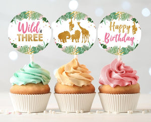 Wild and Three Cupcake Toppers Favor Tags Birthday Party Decoration Girl Stickers Safari Animals Pink Gold download Digital PRINTABLE 0016