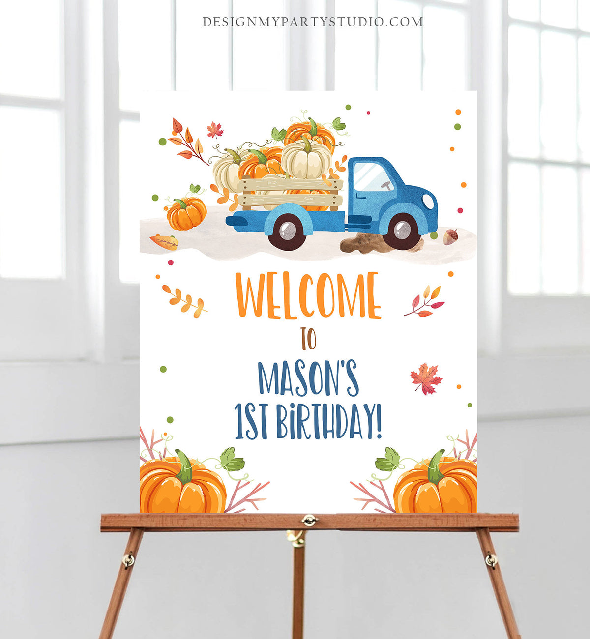 Editable Pumpkin Welcome Sign Pumpkin Truck Birthday Fall Baby Shower Fall Party Welcome 1st Birthday Boy Blue Template Corjl PRINTABLE 0153