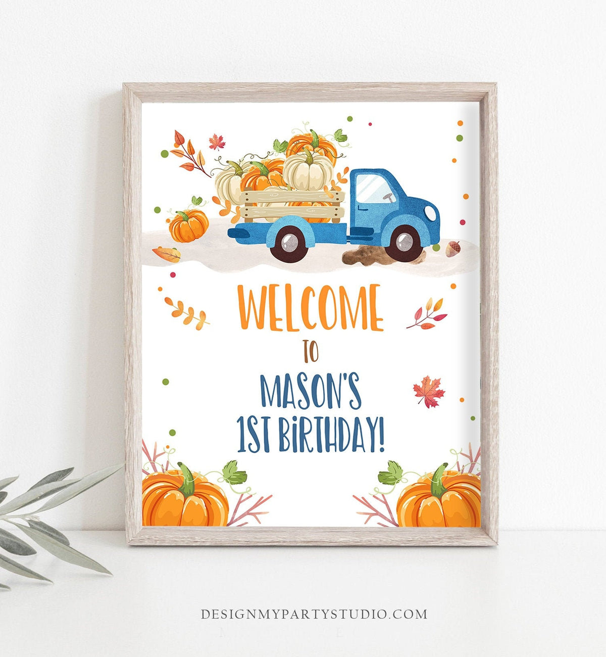 Editable Pumpkin Welcome Sign Pumpkin Truck Birthday Fall Baby Shower Fall Party Welcome 1st Birthday Boy Blue Template Corjl PRINTABLE 0153