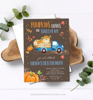 Editable Pumpkin Birthday Invitation Boy Fall Boy Pumpkin Truck Birthday Party Blue Orange Download Printable Invitation Corjl Template 0153